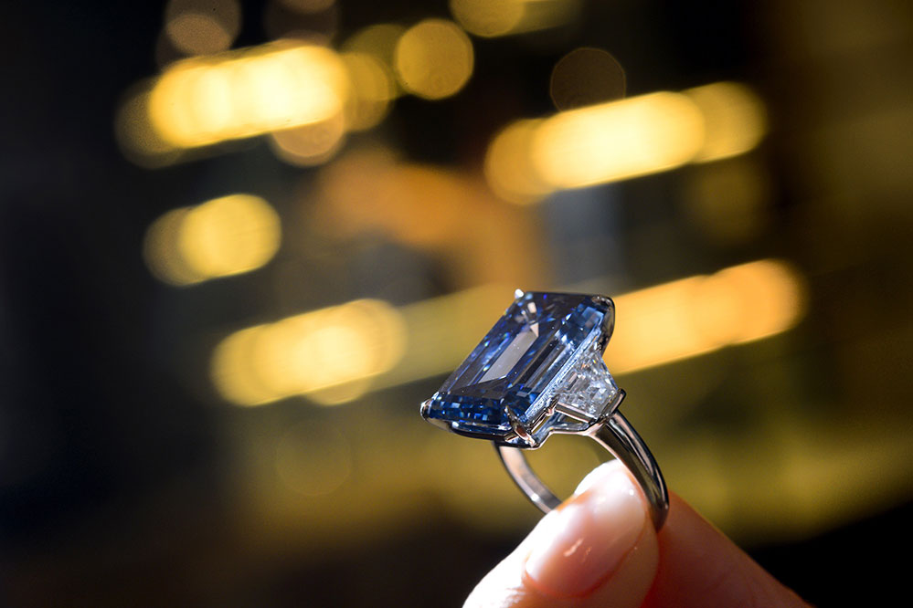 The Blue Oppenheimer will be auctioned in Geneva on May 18 with a pre-sale estimate of $38-45 million and could become the most expensive cut diamond in the world, according to the house Christie's (Credit: AFP Photo/ Fabrice Coffrini)